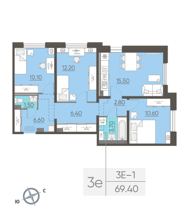 Трёхкомнатная квартира 69.4 м²