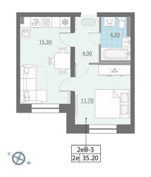 Однокомнатная квартира 35.2 м²