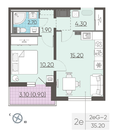 Однокомнатная квартира 35.2 м²