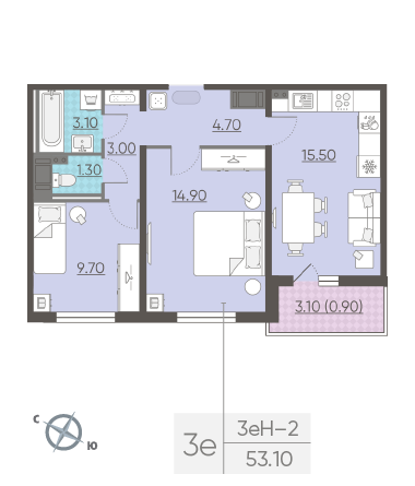 Двухкомнатная квартира 53.1 м²