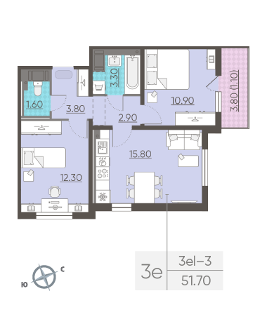 Двухкомнатная квартира 51.7 м²