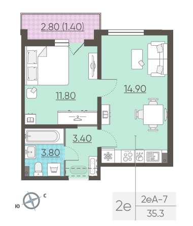 Однокомнатная квартира 35.3 м²