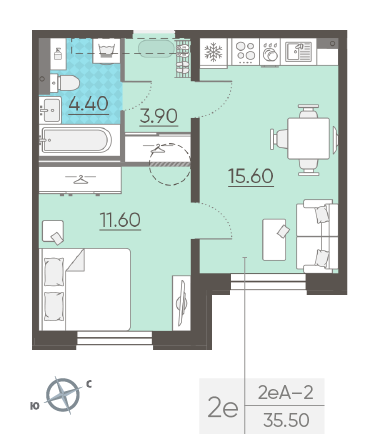 Однокомнатная квартира 35.5 м²