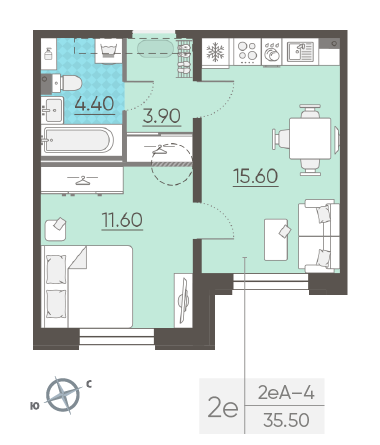Однокомнатная квартира 35.5 м²