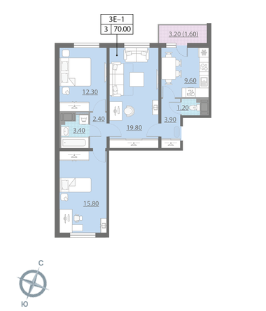 Трёхкомнатная квартира 69.9 м²