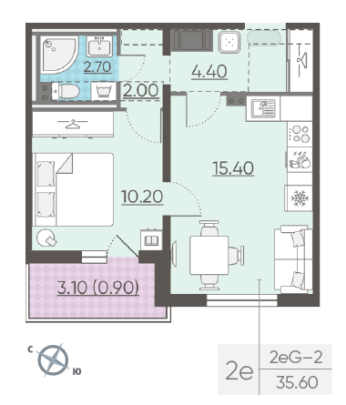 Однокомнатная квартира 35.6 м²