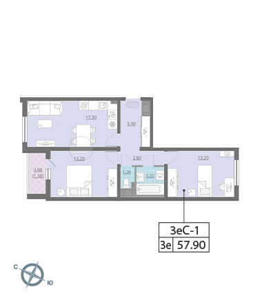 Двухкомнатная квартира 57.9 м²