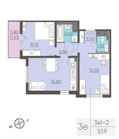 Двухкомнатная квартира 51.9 м²
