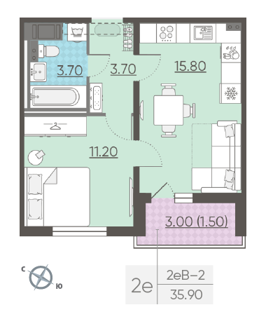 Однокомнатная квартира 35.9 м²