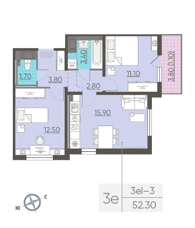 Двухкомнатная квартира 52.3 м²