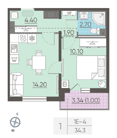 Однокомнатная квартира 34.3 м²
