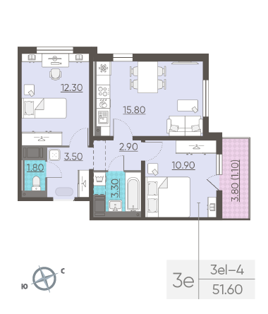 Двухкомнатная квартира 51.6 м²