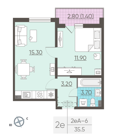 Однокомнатная квартира 35.5 м²