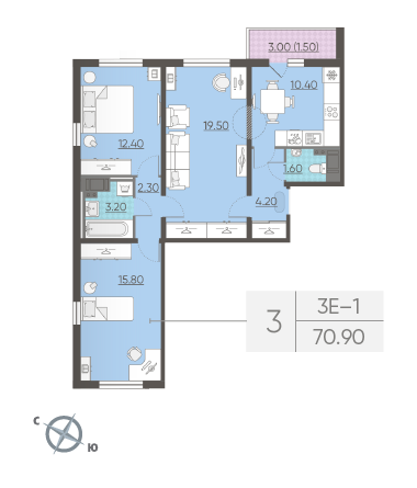 Трёхкомнатная квартира 70.9 м²