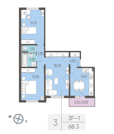 Трёхкомнатная квартира 68.3 м²