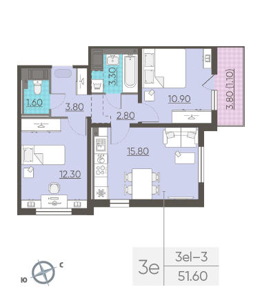 Двухкомнатная квартира 51.6 м²