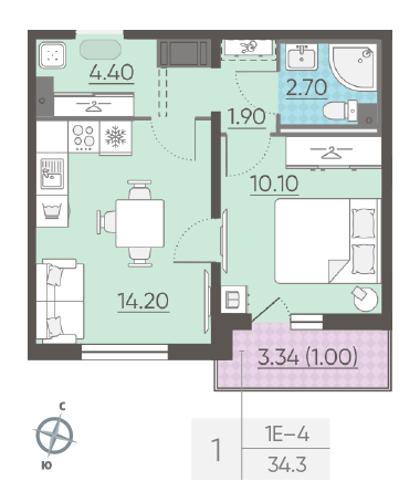 Однокомнатная квартира 34.3 м²