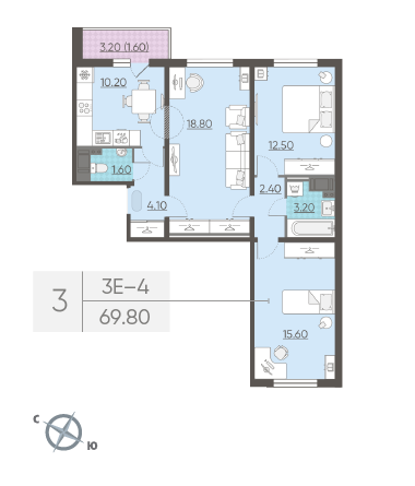 Трёхкомнатная квартира 69.8 м²