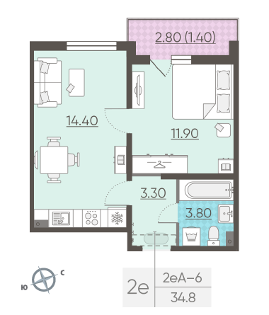 Однокомнатная квартира 34.8 м²