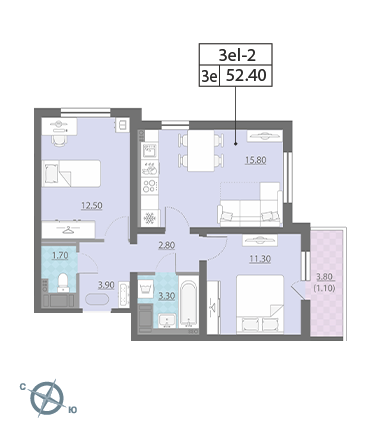 Двухкомнатная квартира 52.4 м²