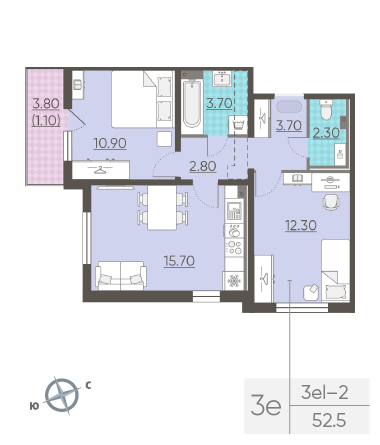 Двухкомнатная квартира 52.5 м²
