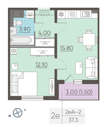 Однокомнатная квартира 37.3 м²