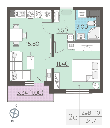 Однокомнатная квартира 34.7 м²