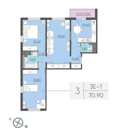 Трёхкомнатная квартира 70.9 м²