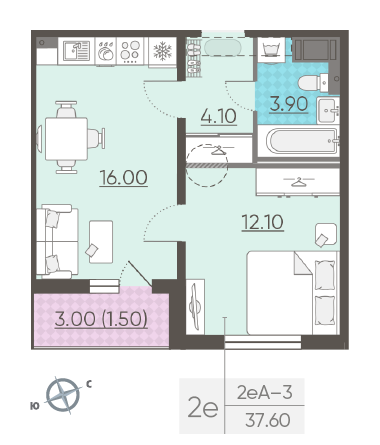 Однокомнатная квартира 37.6 м²