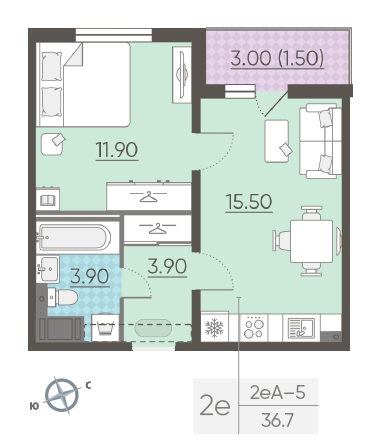 Однокомнатная квартира 36.7 м²