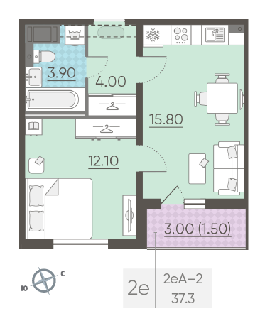 Однокомнатная квартира 37.3 м²