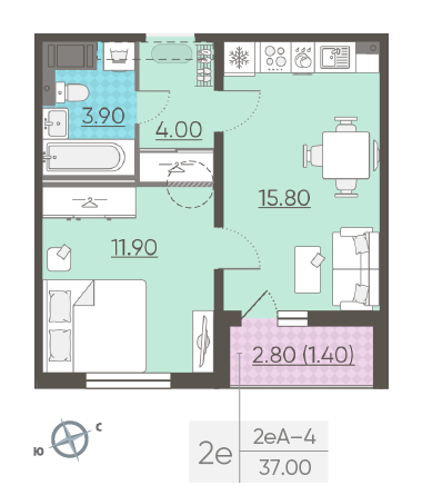 Однокомнатная квартира 37 м²