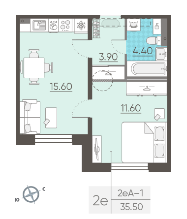 Однокомнатная квартира 35.5 м²