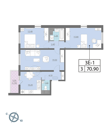 Трёхкомнатная квартира 70.9 м²