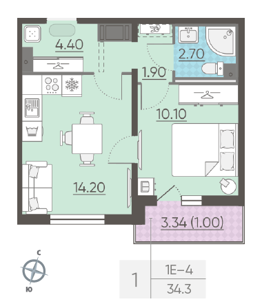 Однокомнатная квартира 34.3 м²