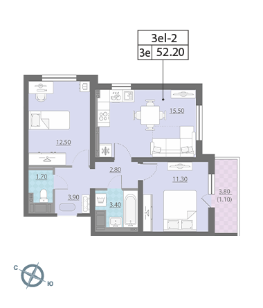 Двухкомнатная квартира 52.2 м²