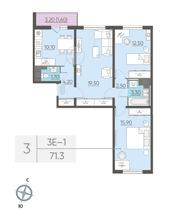 Трёхкомнатная квартира 71.3 м²
