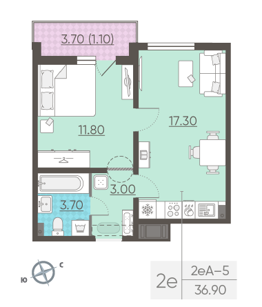 Однокомнатная квартира 36.9 м²