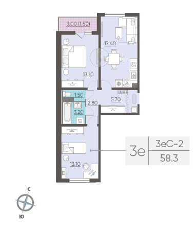 Двухкомнатная квартира 58.3 м²