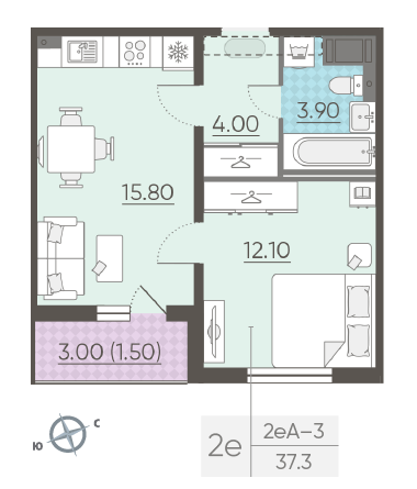 Однокомнатная квартира 37.3 м²