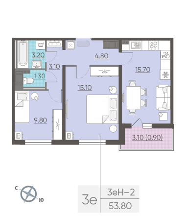 Двухкомнатная квартира 53.8 м²