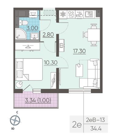 Однокомнатная квартира 34.4 м²
