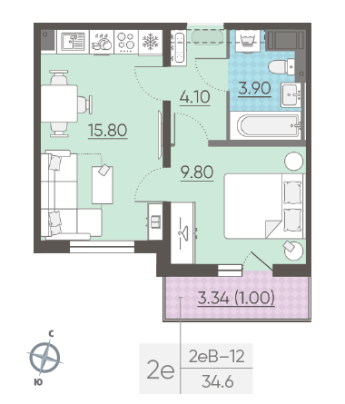 Однокомнатная квартира 34.6 м²