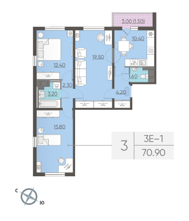 Трёхкомнатная квартира 70.9 м²