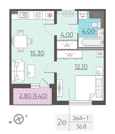 Однокомнатная квартира 36.8 м²