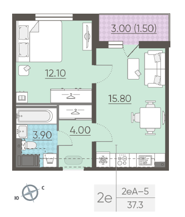Однокомнатная квартира 37.3 м²