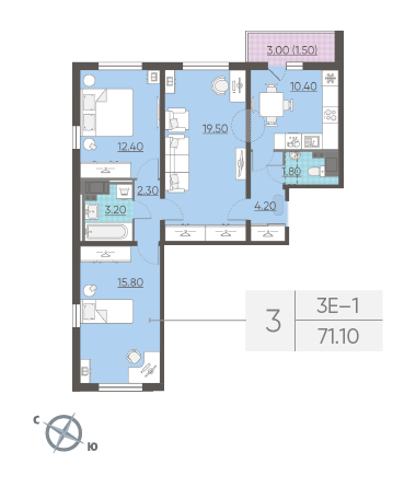 Трёхкомнатная квартира 71.1 м²