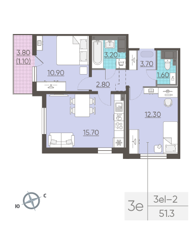 Двухкомнатная квартира 51.3 м²