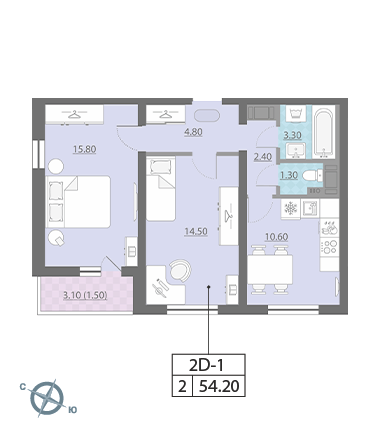 Двухкомнатная квартира 54.2 м²