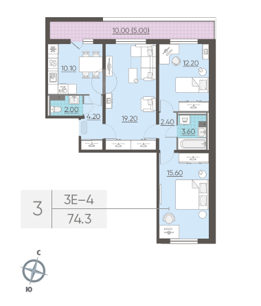Трёхкомнатная квартира 74.3 м²